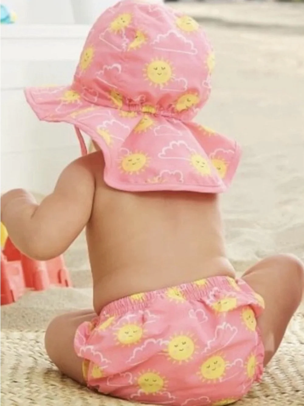 NWT Pottery Barn Kids Pink Sun Hat and Swim Diaper Set with Yellow Sun Print